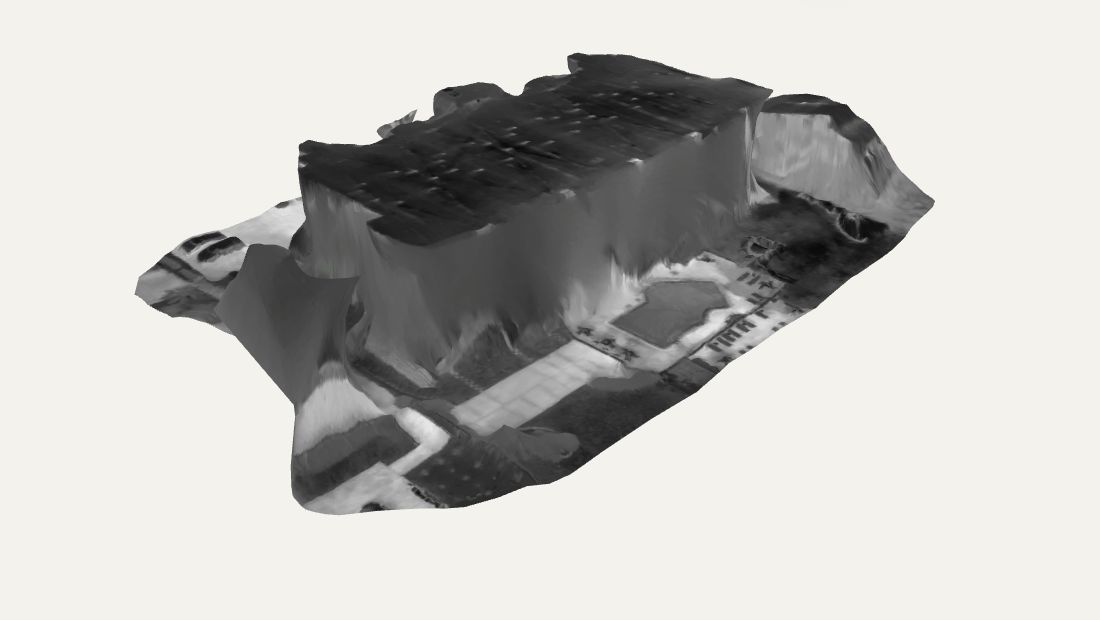 Actual Fly Maxwell building reconstruction textured in a grayscale thermal palette