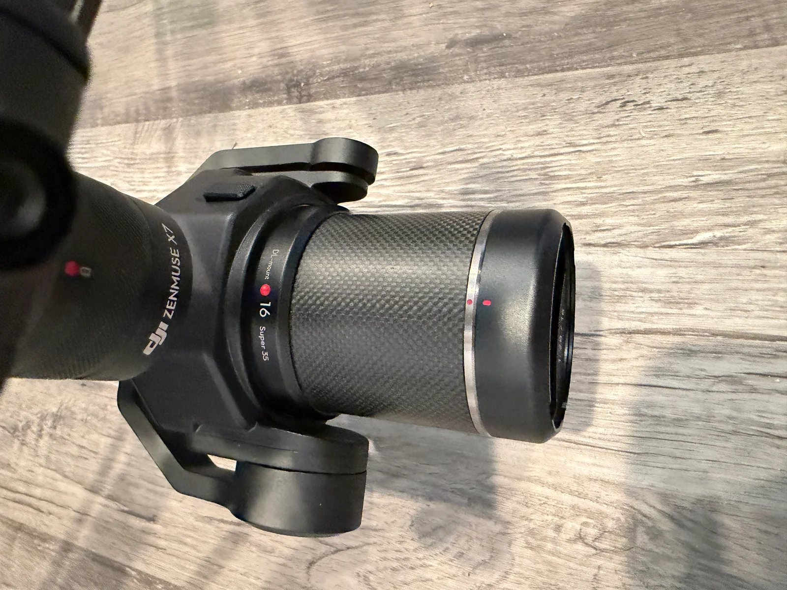 Side detail of a Zenmuse X7 gimbal camera and DL-mount lens