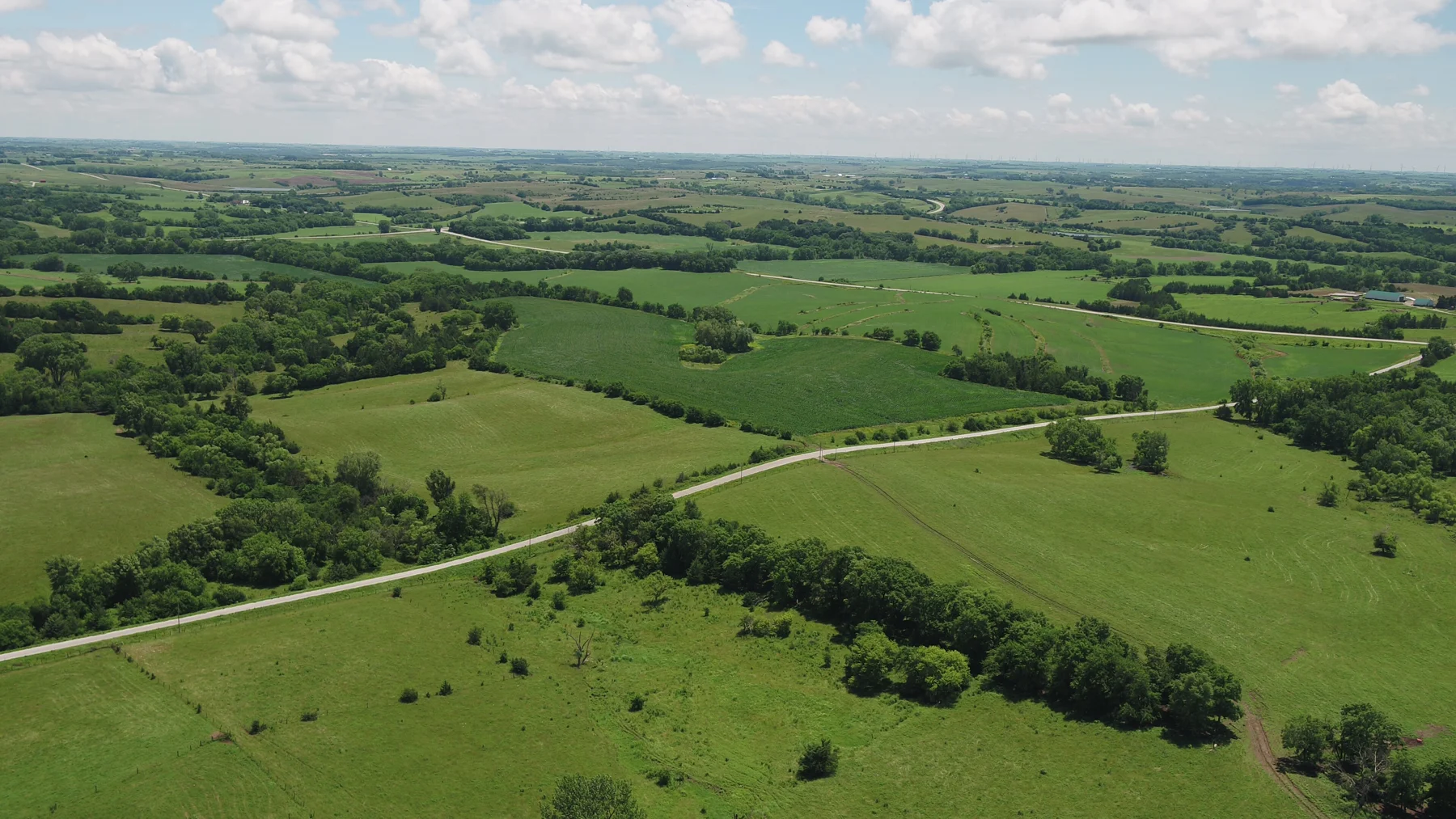 Aerial view of open fields, tree lines and rural roads